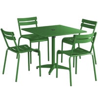 Lancaster Table & Seating 36" x 36" Green Powder-Coated Aluminum Standard Height Outdoor Table with Umbrella Hole and 4 Side Chairs