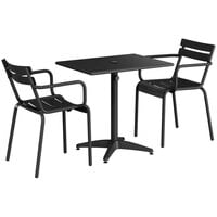 Lancaster Table & Seating 24 inch x 32 inch Black Powder-Coated Aluminum Standard Height Outdoor Table with Umbrella Hole and 2 Arm Chairs