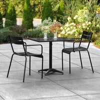 Lancaster Table & Seating 24 inch x 32 inch Black Powder-Coated Aluminum Standard Height Outdoor Table with Umbrella Hole and 2 Arm Chairs