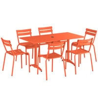 Lancaster Table & Seating 32" x 60" Orange Powder-Coated Aluminum Standard Height Outdoor Table with Umbrella Hole and 6 Side Chairs