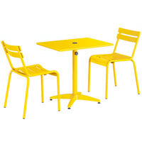 Lancaster Table & Seating 24 inch x 32 inch Yellow Powder-Coated Aluminum Standard Height Outdoor Table with Umbrella Hole and 2 Side Chairs