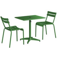 Lancaster Table & Seating 24" x 32" Green Powder-Coated Aluminum Standard Height Outdoor Table with Umbrella Hole and 2 Side Chairs