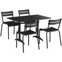 Lancaster Table & Seating 32" x 48" Black Powder-Coated Aluminum Standard Height Outdoor Table with Umbrella Hole and 4 Side Chairs