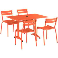 Lancaster Table & Seating 32" x 48" Orange Powder-Coated Aluminum Standard Height Outdoor Table with Umbrella Hole and 4 Side Chairs
