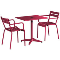 Lancaster Table & Seating 24 inch x 32 inch Sangria Powder-Coated Aluminum Standard Height Outdoor Table with Umbrella Hole and 2 Arm Chairs