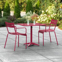 Lancaster Table & Seating 24 inch x 32 inch Sangria Powder-Coated Aluminum Standard Height Outdoor Table with Umbrella Hole and 2 Arm Chairs
