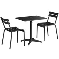Lancaster Table & Seating 24" x 32" Black Powder-Coated Aluminum Standard Height Outdoor Table with Umbrella Hole and 2 Side Chairs