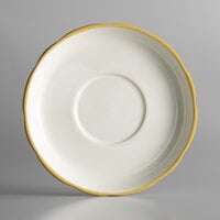 6" Ivory (American White) Scalloped Edge China Saucer With Gold Band - 36/Case