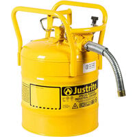 Justrite 5 Gallon DOT Type II Yellow Steel Diesel AccuFlow Safety Can with 1 inch Diameter Metal Hose, Flame Arrester, and Roll Bars 7350230