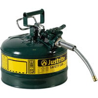 Justrite 2.5 Gallon Type II Green Steel Oil AccuFlow Safety Can with 5/8 inch Diameter Metal Hose and Flame Arrester 7225420