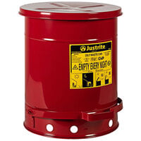 Justrite 10 Gallon Red Hands-Free Oily Waste Can with SoundGard Cover