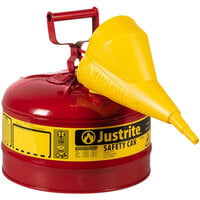 Justrite 2.5 Gallon Type I Red Steel Gas / Flammables Safety Can with Flame Arrester and Funnel 7125110