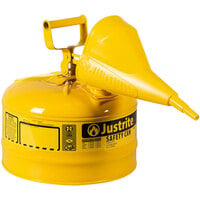 Justrite 2.5 Gallon Type I Yellow Steel Diesel Safety Can with Flame Arrester and Funnel 7125210