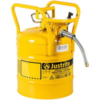 Justrite 5 Gallon DOT Type II Yellow Steel Diesel AccuFlow Safety Can with 5/8 inch Diameter Metal Hose, Flame Arrester, and Roll Bars 7350210