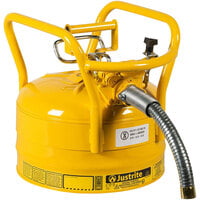 Justrite 2.5 Gallon DOT Type II Yellow Steel Diesel AccuFlow Safety Can with 1 inch Diameter Metal Hose, Flame Arrester, and Roll Bars 7325230