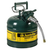 Justrite 2 Gallon Type II Green Steel Oil AccuFlow Safety Can with 5/8 inch Diameter Metal Hose and Flame Arrester 7220420
