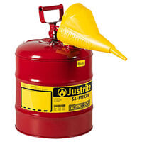 Justrite 5 Gallon Type I Red Steel Gas / Flammables Safety Can with Flame Arrester and Funnel 7150110