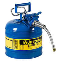 Justrite 2 Gallon Type II Blue Steel Kerosene AccuFlow Safety Can with 5/8 inch Diameter Metal Hose and Flame Arrester 7220320