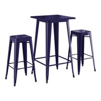 Lancaster Table & Seating Alloy Series 23 1/2" x 23 1/2" Navy Bar Height Outdoor Table with 2 Backless Barstools