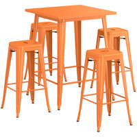 Lancaster Table & Seating Alloy Series 32" x 32" Orange Bar Height Outdoor Table with 4 Backless Barstools
