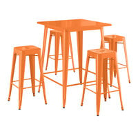 Lancaster Table & Seating Alloy Series 31 1/2" x 31 1/2" Orange Bar Height Outdoor Table with 4 Backless Barstools