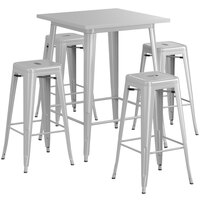 Lancaster Table & Seating Alloy Series 32" x 32" Silver Bar Height Outdoor Table with 4 Backless Barstools