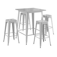Lancaster Table & Seating Alloy Series 31 1/2" x 31 1/2" Silver Bar Height Outdoor Table with 4 Backless Barstools