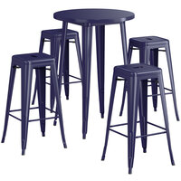 Lancaster Table & Seating Alloy Series 30" Round Navy Outdoor Bar Height Table with Four Barstools