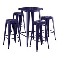 Lancaster Table & Seating Alloy Series 30" Round Navy Bar Height Outdoor Table with 4 Backless Barstools