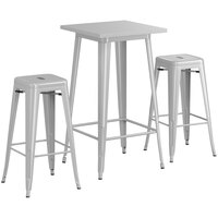 Lancaster Table & Seating Alloy Series 24 inch x 24 inch Silver Outdoor Bar Height Table with Two Barstools