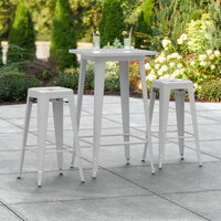 Lancaster Table & Seating Alloy Series 24 inch x 24 inch Silver Outdoor Bar Height Table with Two Barstools