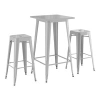 Lancaster Table & Seating Alloy Series 23 1/2 inch x 23 1/2 inch Silver Bar Height Outdoor Table with 2 Backless Barstools