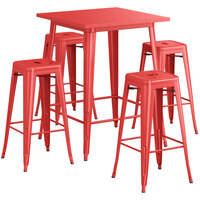 Lancaster Table & Seating Alloy Series 31 1/2" x 31 1/2" Ruby Red Bar Height Outdoor Table with 4 Backless Barstools
