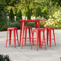 Lancaster Table & Seating Alloy Series 31 1/2 inch x 31 1/2 inch Ruby Red Bar Height Outdoor Table with 4 Backless Barstools