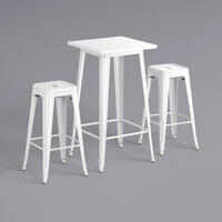 Lancaster Table & Seating Alloy Series 24 inch x 24 inch White Outdoor Bar Height Table with Two Barstools