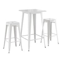 Lancaster Table & Seating Alloy Series 23 1/2" x 23 1/2" Pearl White Bar Height Outdoor Table with 2 Backless Barstools
