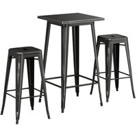 Lancaster Table & Seating Alloy Series 23 1/2" x 23 1/2" Distressed Black Bar Height Outdoor Table with 2 Backless Barstools