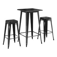 Lancaster Table & Seating Alloy Series 23 1/2" x 23 1/2" Distressed Onyx Black Bar Height Outdoor Table with 2 Backless Barstools