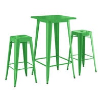 Lancaster Table & Seating Alloy Series 23 1/2" x 23 1/2" Jade Green Bar Height Outdoor Table with 2 Backless Barstools