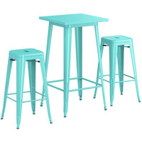 Lancaster Table & Seating Alloy Series 24" x 24" Seafoam Bar Height Outdoor Table with 2 Backless Barstools