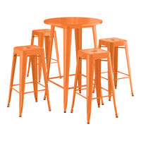 Lancaster Table & Seating Alloy Series 30 inch Round Amber Orange Bar Height Outdoor Table with 4 Backless Barstools