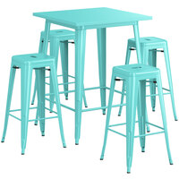 Lancaster Table & Seating Alloy Series 31 1/2" x 31 1/2" Seafoam Bar Height Outdoor Table with 4 Backless Barstools