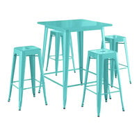 Lancaster Table & Seating Alloy Series 31 1/2" x 31 1/2" Aquamarine Bar Height Outdoor Table with 4 Backless Barstools