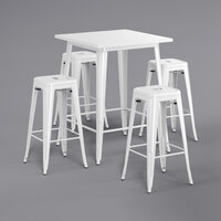 Lancaster Table & Seating Alloy Series 32 inch x 32 inch White Outdoor Bar Height Table with Four Barstools
