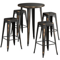 Lancaster Table & Seating Alloy Series 30" Round Distressed Copper Outdoor Bar Height Table with Four Barstools