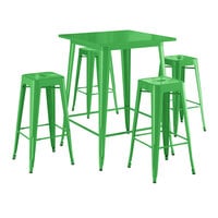 Lancaster Table & Seating Alloy Series 31 1/2" x 31 1/2" Jade Green Bar Height Outdoor Table with 4 Backless Barstools