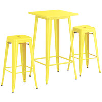 Lancaster Table & Seating Alloy Series 23 1/2" x 23 1/2" Yellow Bar Height Outdoor Table with 2 Backless Barstools