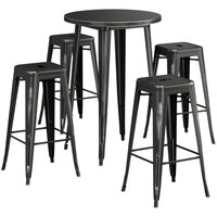 Lancaster Table & Seating Alloy Series 30" Round Distressed Black Outdoor Bar Height Table with Four Barstools