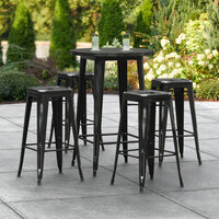 Lancaster Table & Seating Alloy Series 30 inch Round Distressed Black Outdoor Bar Height Table with Four Barstools