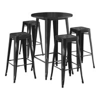 Lancaster Table & Seating Alloy Series 30" Round Distressed Onyx Black Bar Height Outdoor Table with 4 Backless Barstools